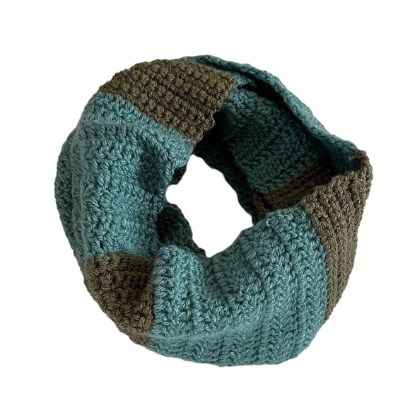 Handmade Crochet Infinity Teal and Olive Green Stripe Scarf - Picture 3 of 14